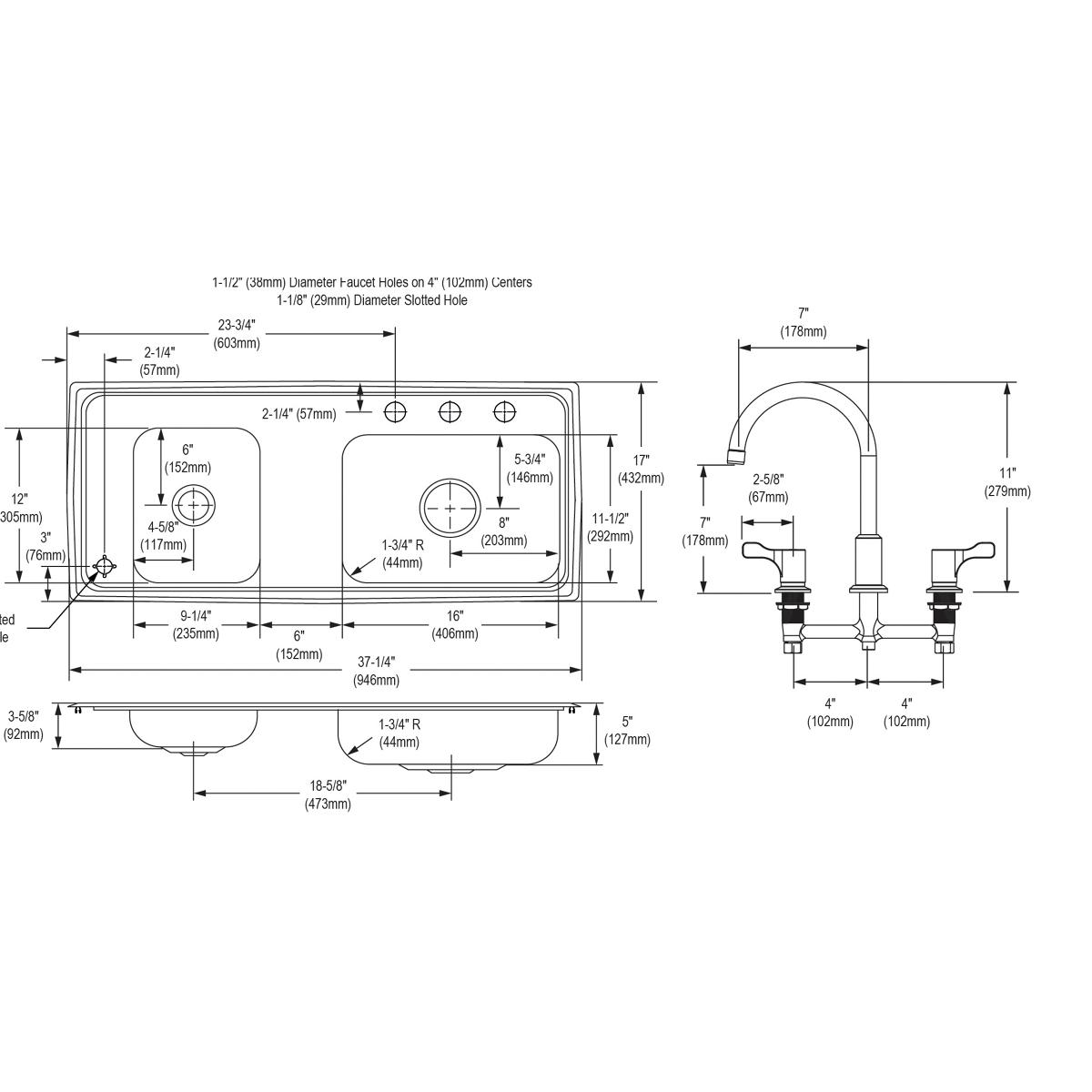 Stainless steel double bowl drop-in sink with faucet and detailed dimension specifications for installation.