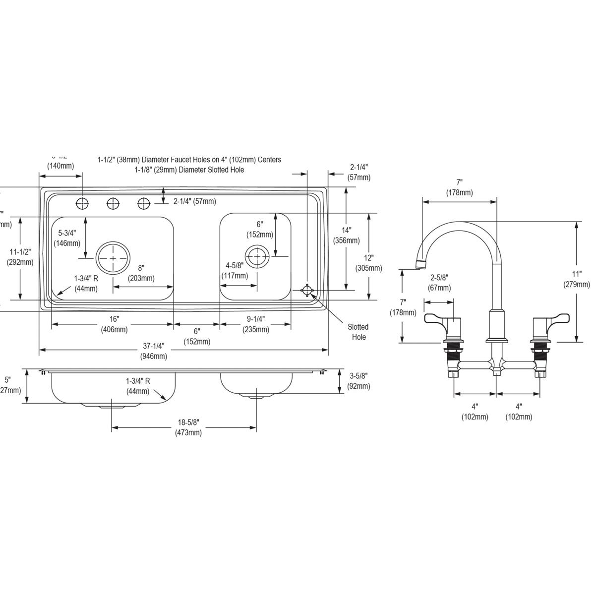 Stainless steel double bowl drop-in sink with dual faucet holes and dimensional specifications for installation.