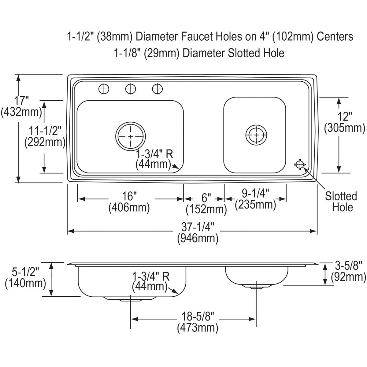 Stainless steel double bowl drop-in sink with faucet holes and drain specifications shown in top and side technical drawings.