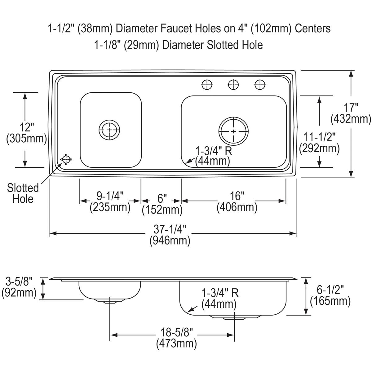 Top and side technical drawings of a stainless steel double bowl drop-in sink with faucet holes and dimensional specification