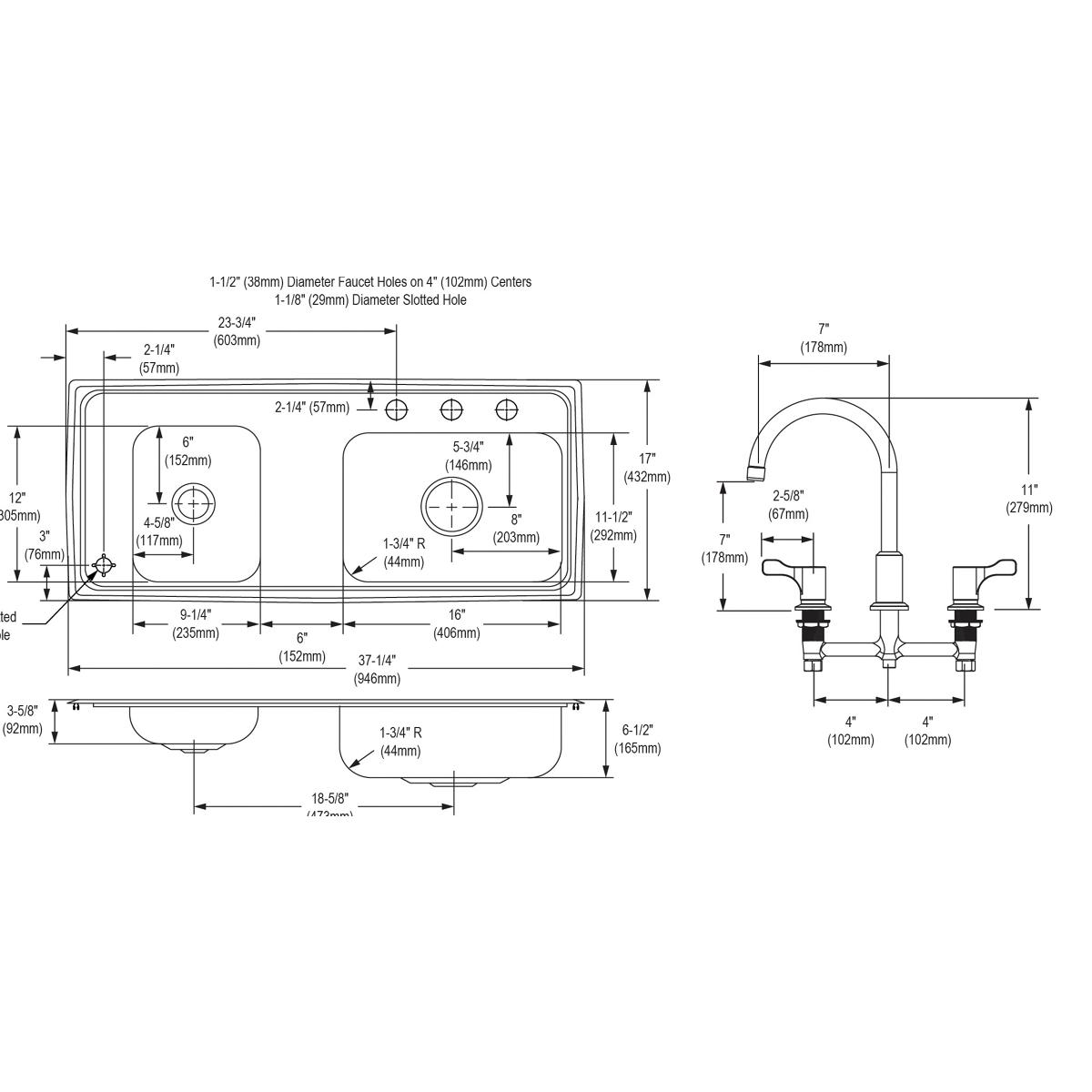 Stainless steel double bowl drop-in sink with faucet shown in top, front, and bottom technical views with dimension measureme
