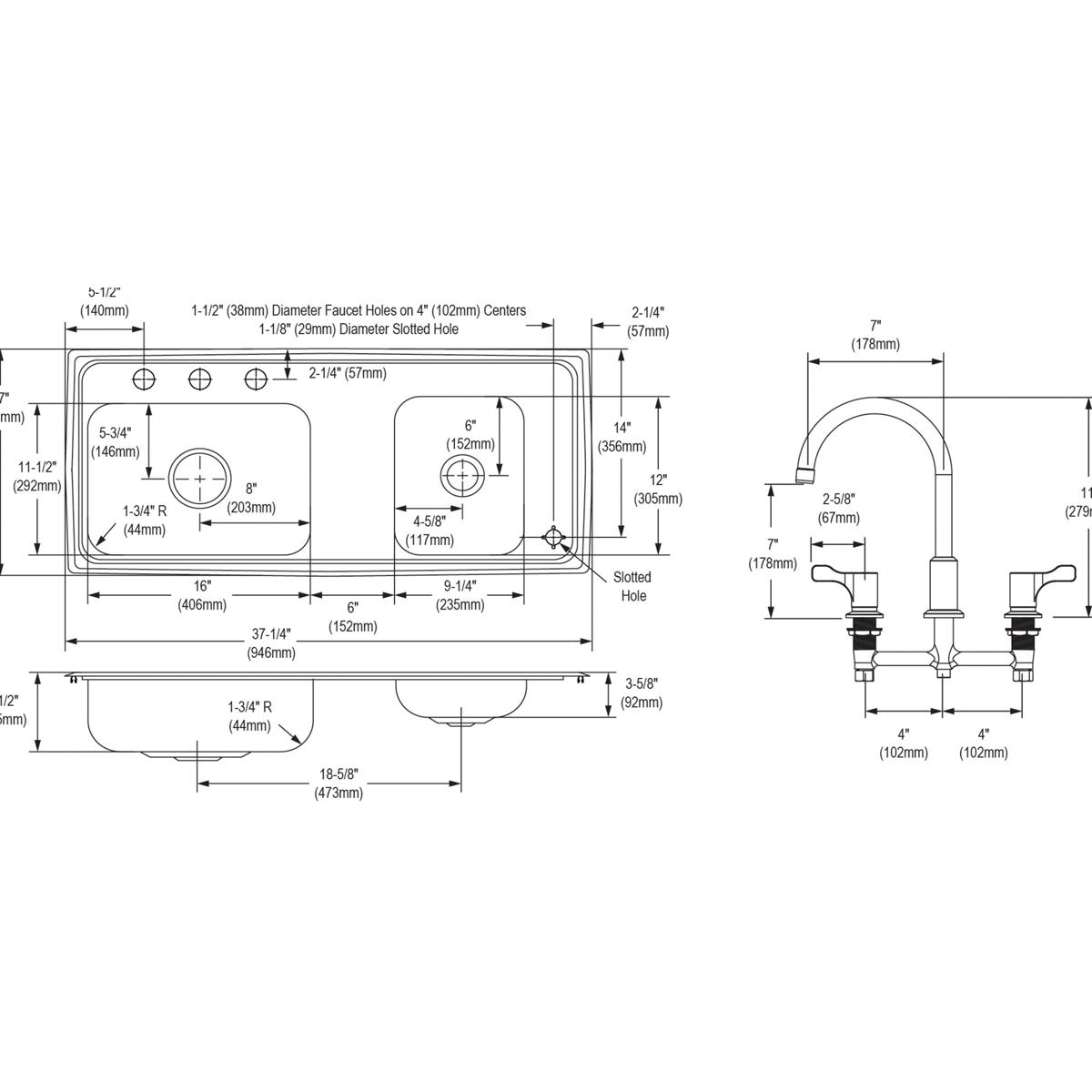 Stainless steel double bowl drop-in sink with faucet showing top view, side view, and detailed measurement specifications.