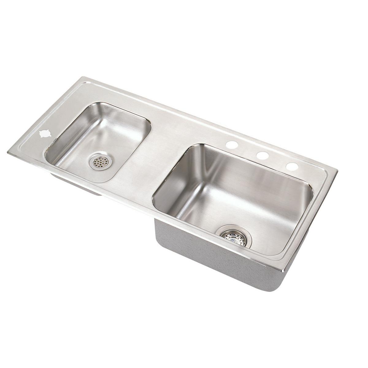 Stainless steel double bowl drop-in sink with brushed finish, faucet holes on right side, and drain strainers in each bowl.
