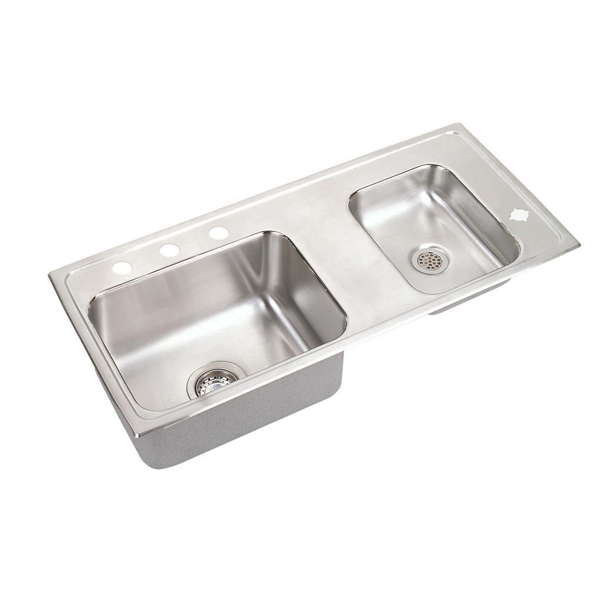 Stainless steel double bowl drop-in sink with two drains, faucet holes on left rim, and brushed satin finish.