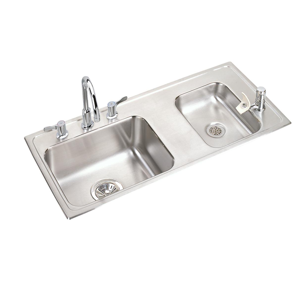 Stainless steel double bowl drop-in sink with two faucets, drains, and small shelf between basins.