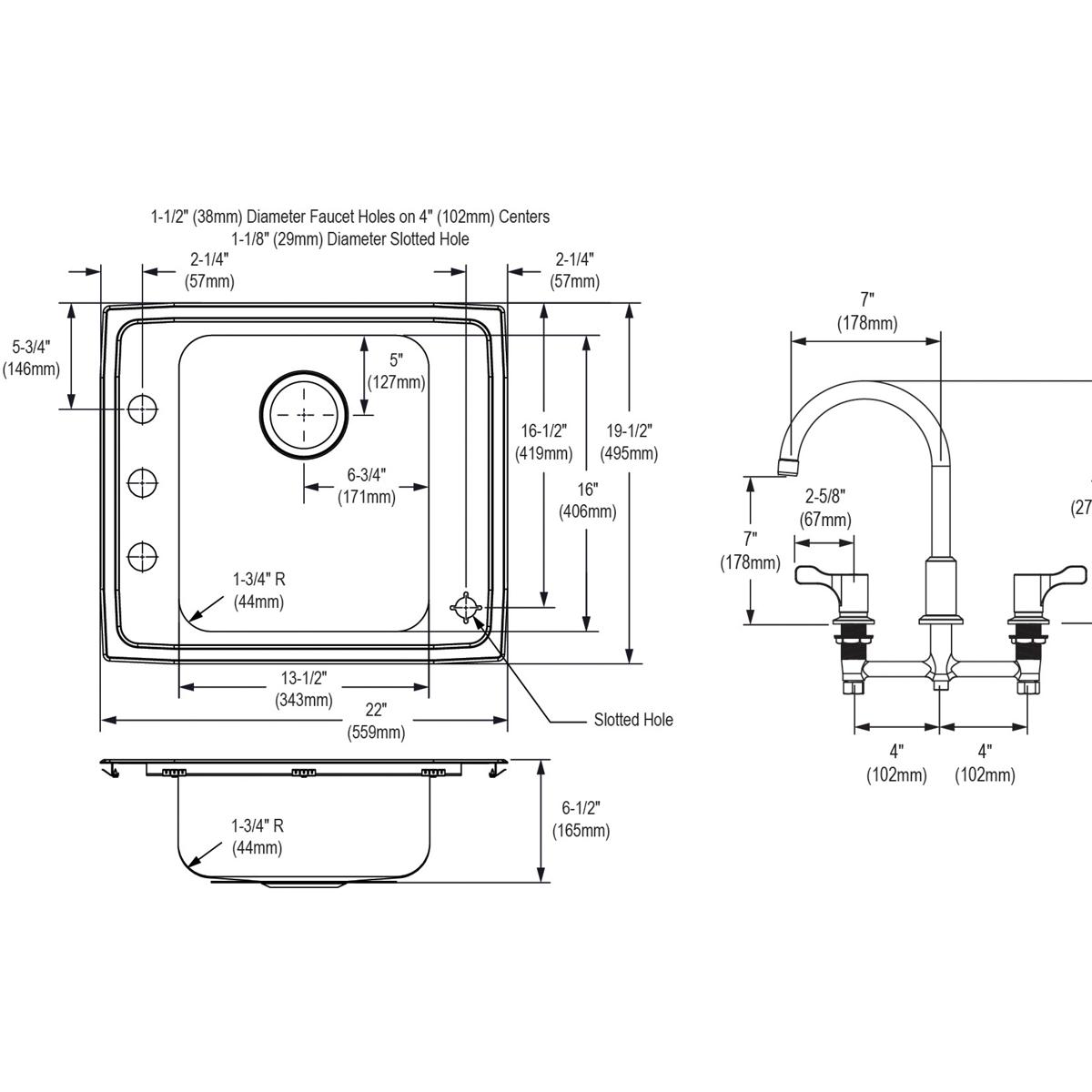 Stainless steel single bowl sink with technical specification drawings showing dimensions, faucet hole placements, and instal