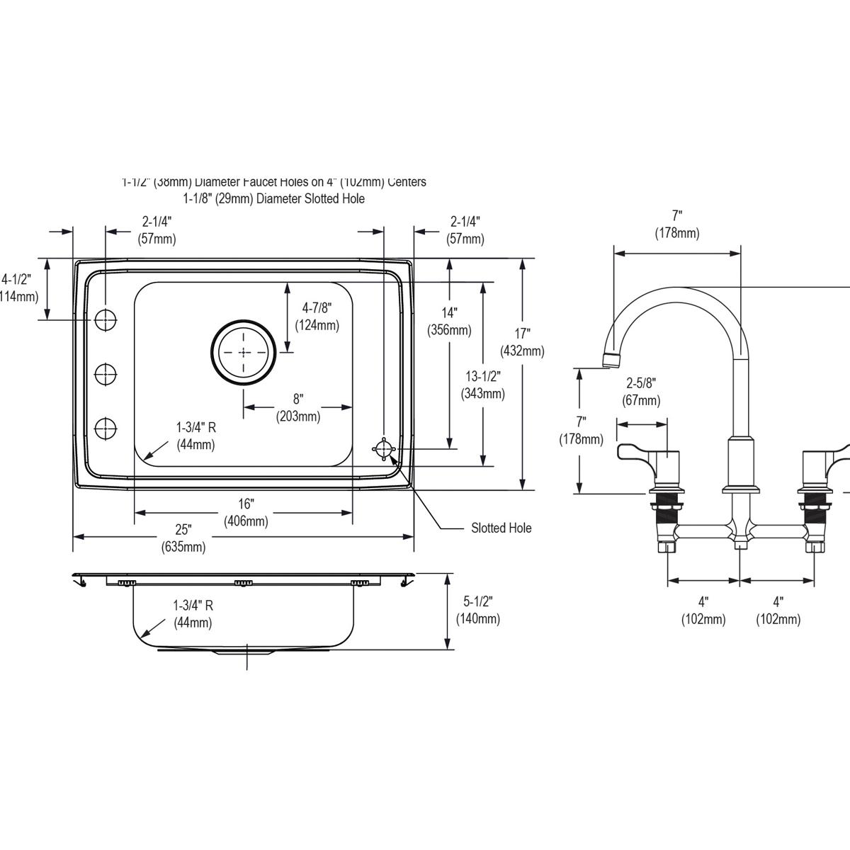 Top and side technical drawings showing stainless steel single bowl sink with four faucet holes, drain opening, and dimension