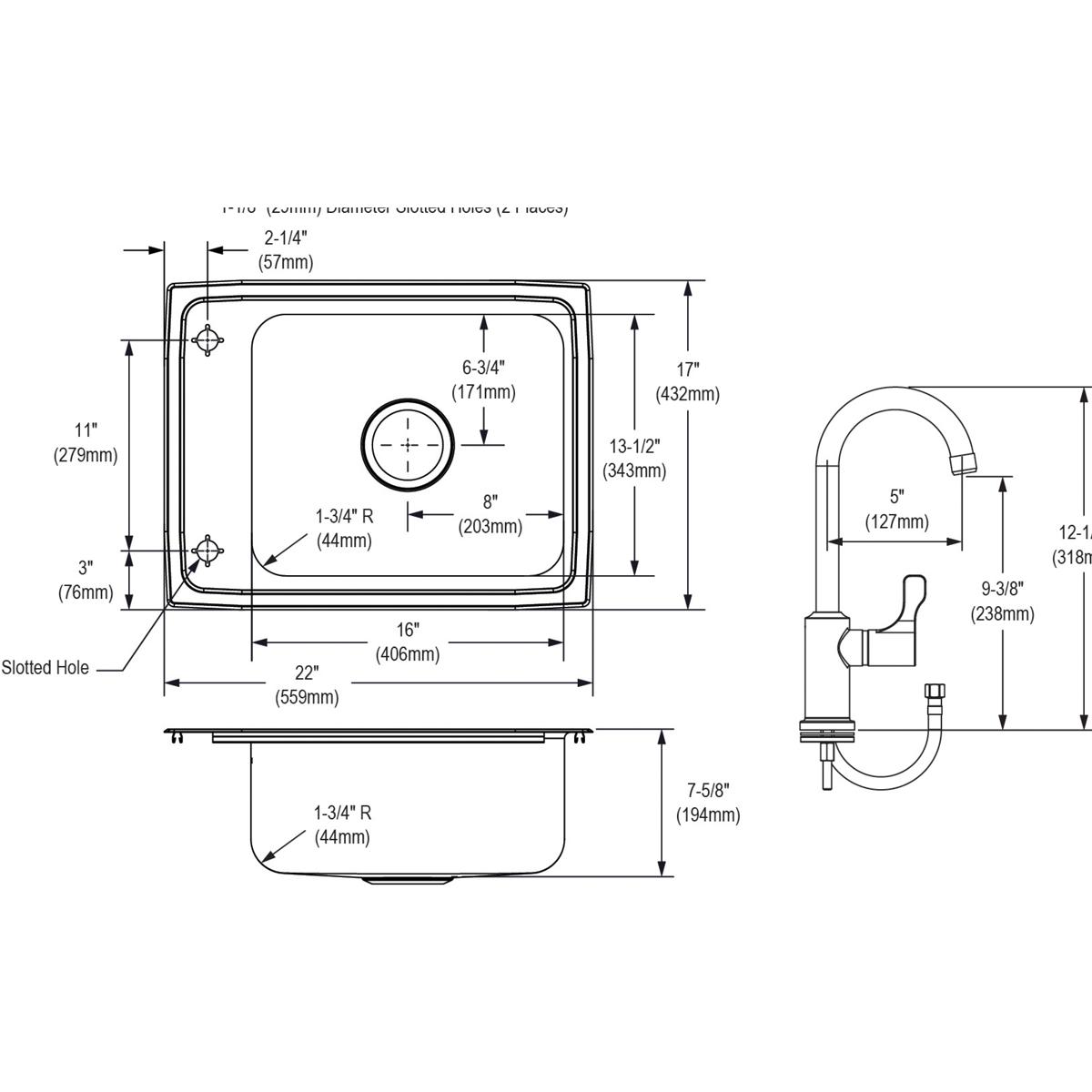 Technical schematic showing top, bottom, and side views of stainless steel drop-in sink with faucet and dimensions.