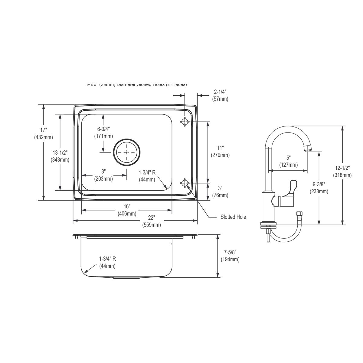 Stainless steel drop-in sink with single basin and faucet/bubbler kit, shown in top, side, and front technical views with dim
