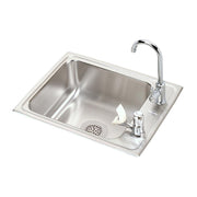 Stainless steel drop-in sink with single basin, drain strainer, and chrome faucet with bubbler spout mounted on right side.