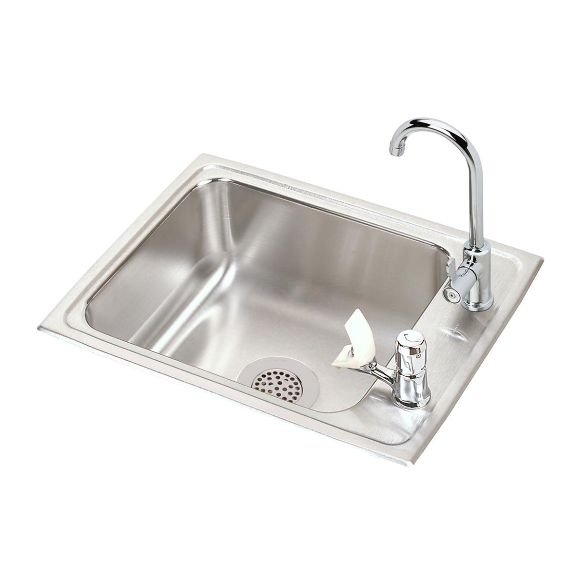Stainless steel drop-in classroom sink with chrome faucet and bubbler spout, drain strainer visible at bottom.