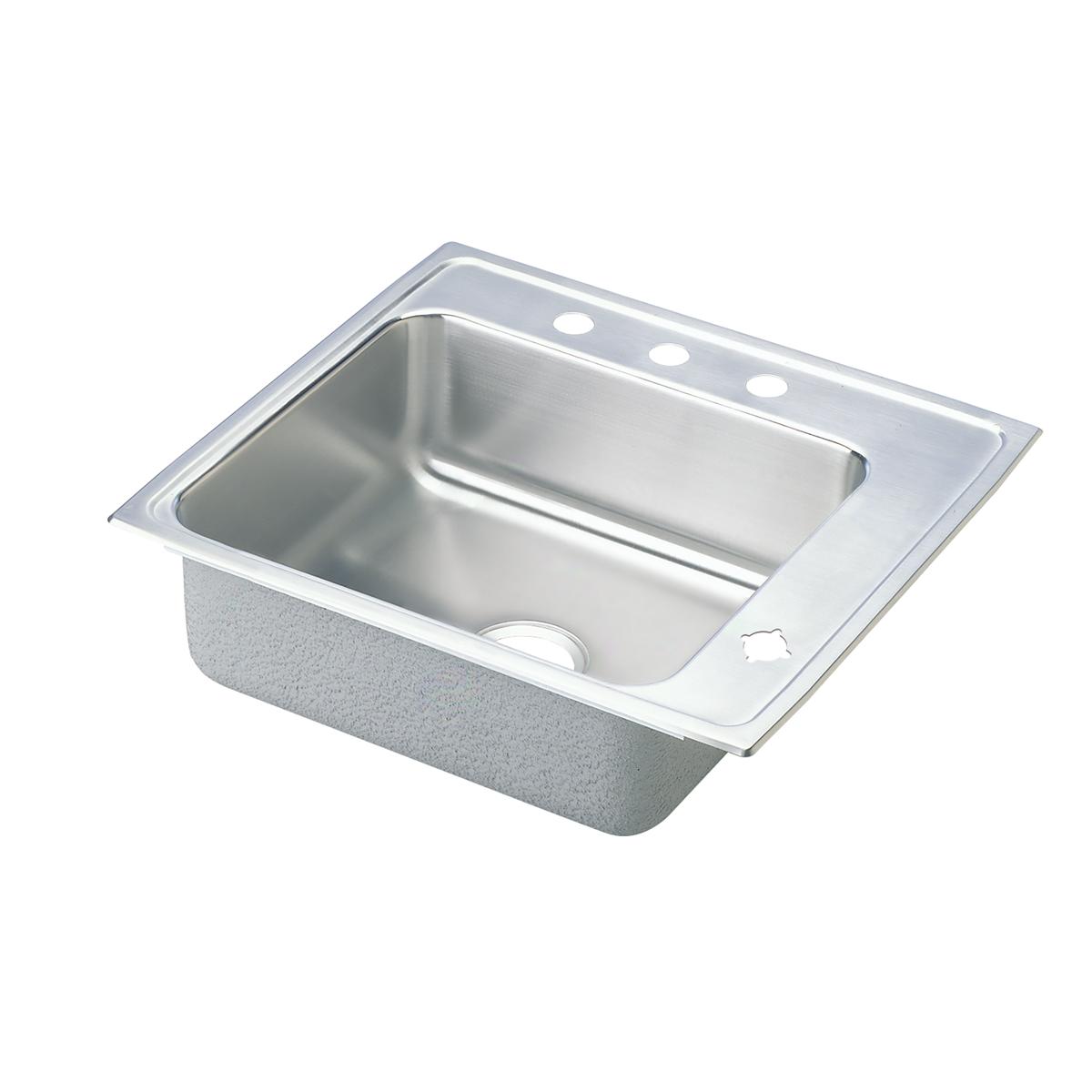 Stainless steel single bowl drop-in sink with three faucet holes and drain opening on brushed surface rim.