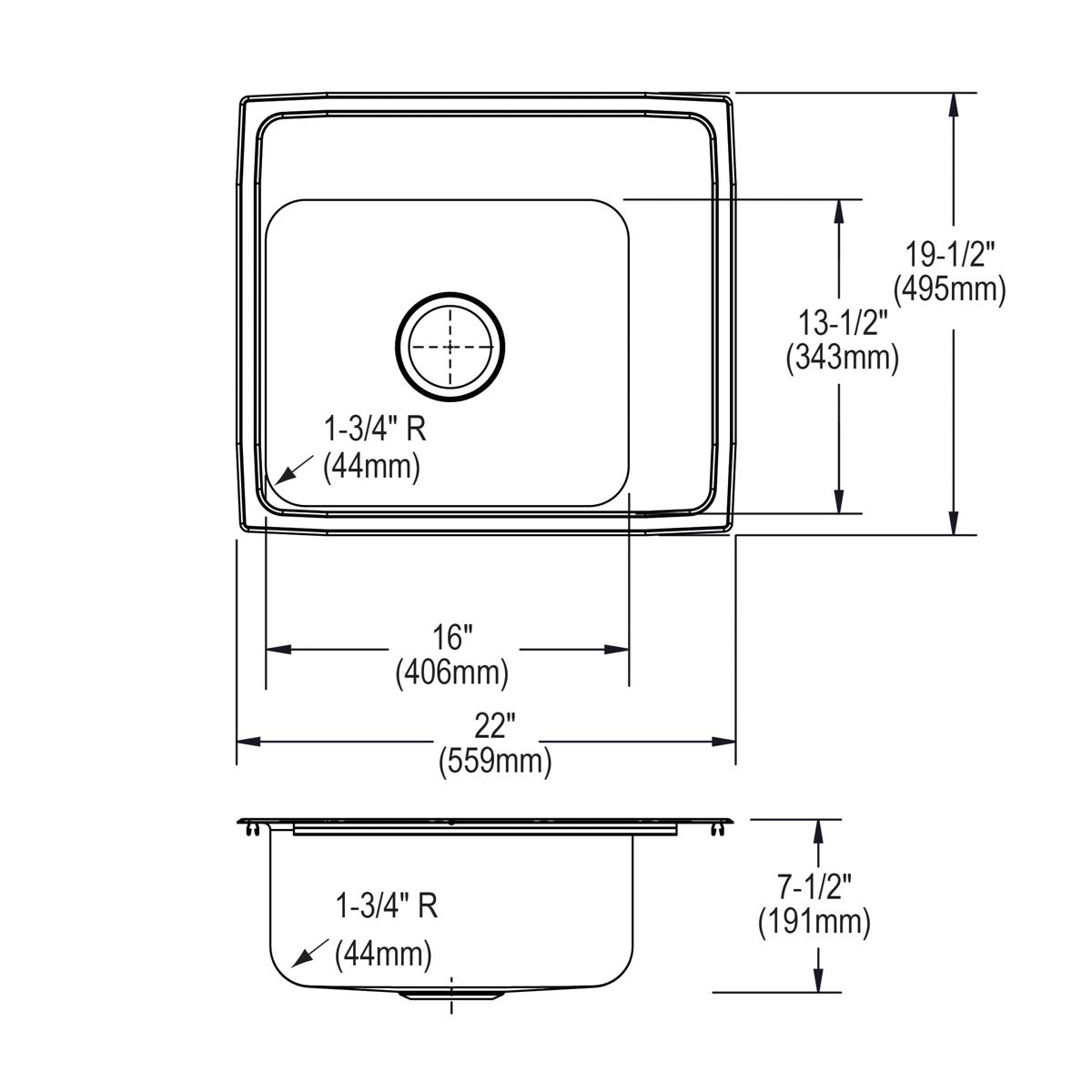 Stainless steel single bowl drop-in sink with rounded corners and center drain opening, shown in top and side view technical 
