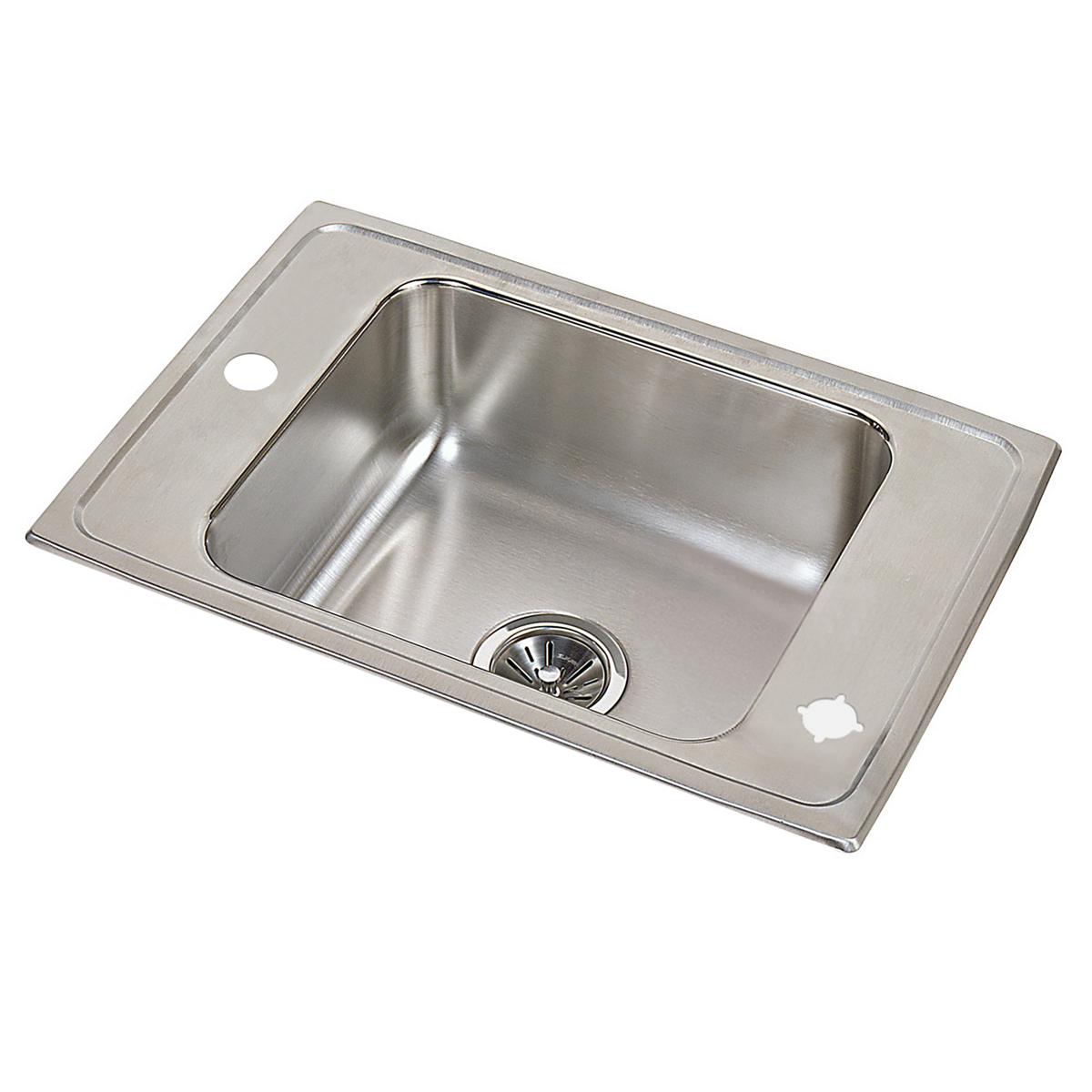 Stainless steel drop-in sink with single bowl, drain, and two pre-drilled faucet holes on the rim.