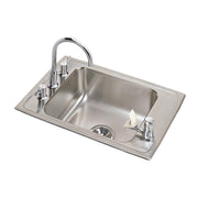 Stainless steel drop-in sink with single bowl, four-hole configuration, curved faucet, and bubbler spout.
