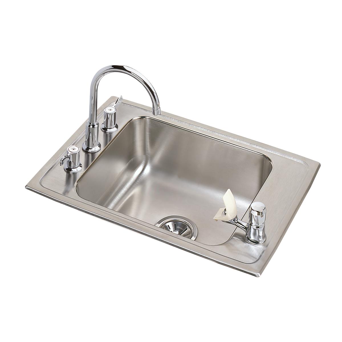 Stainless steel drop-in sink with single bowl, four-hole configuration, curved faucet, and bubbler spout.