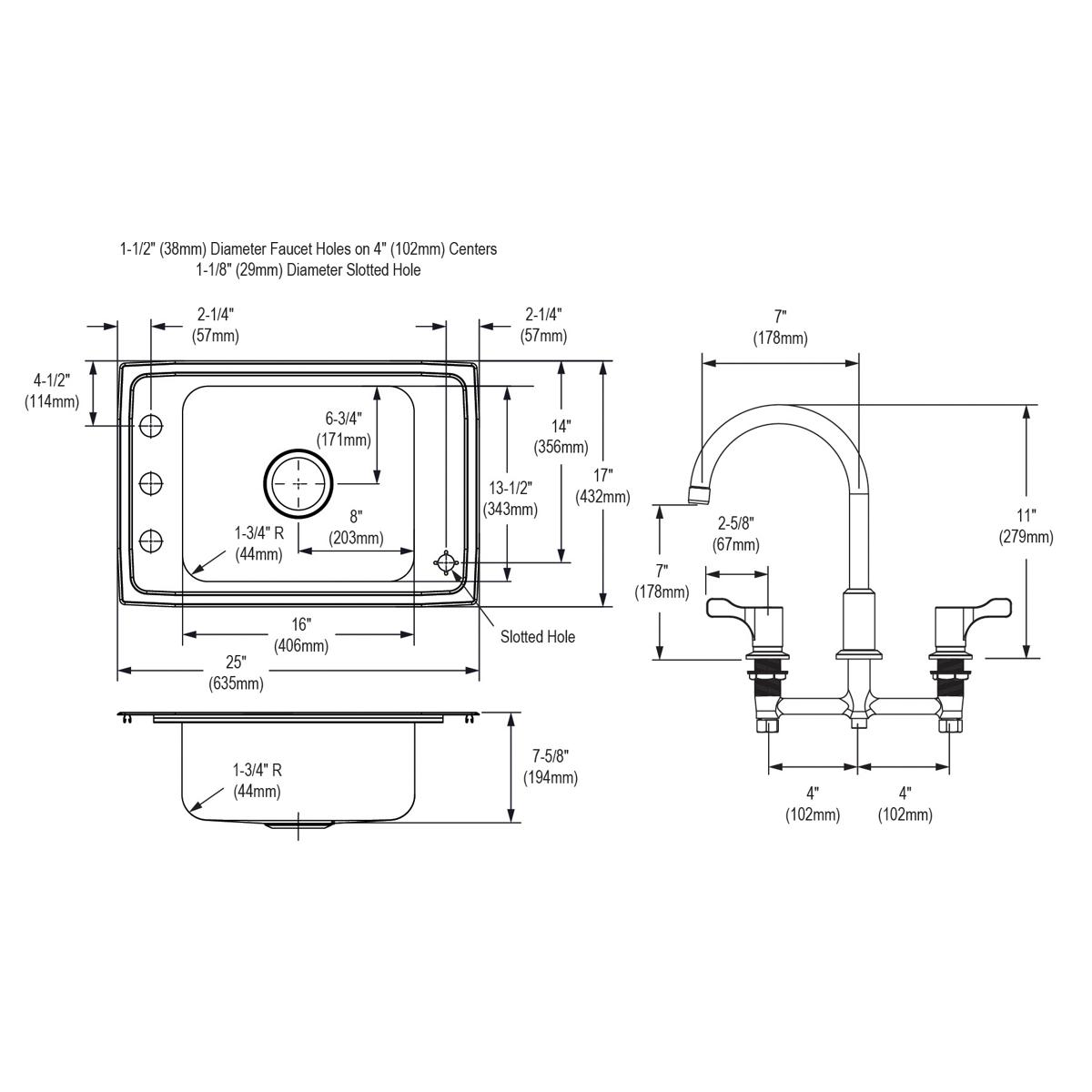 Stainless steel drop-in sink with single bowl and arc faucet shown with detailed dimension specifications and hole placements