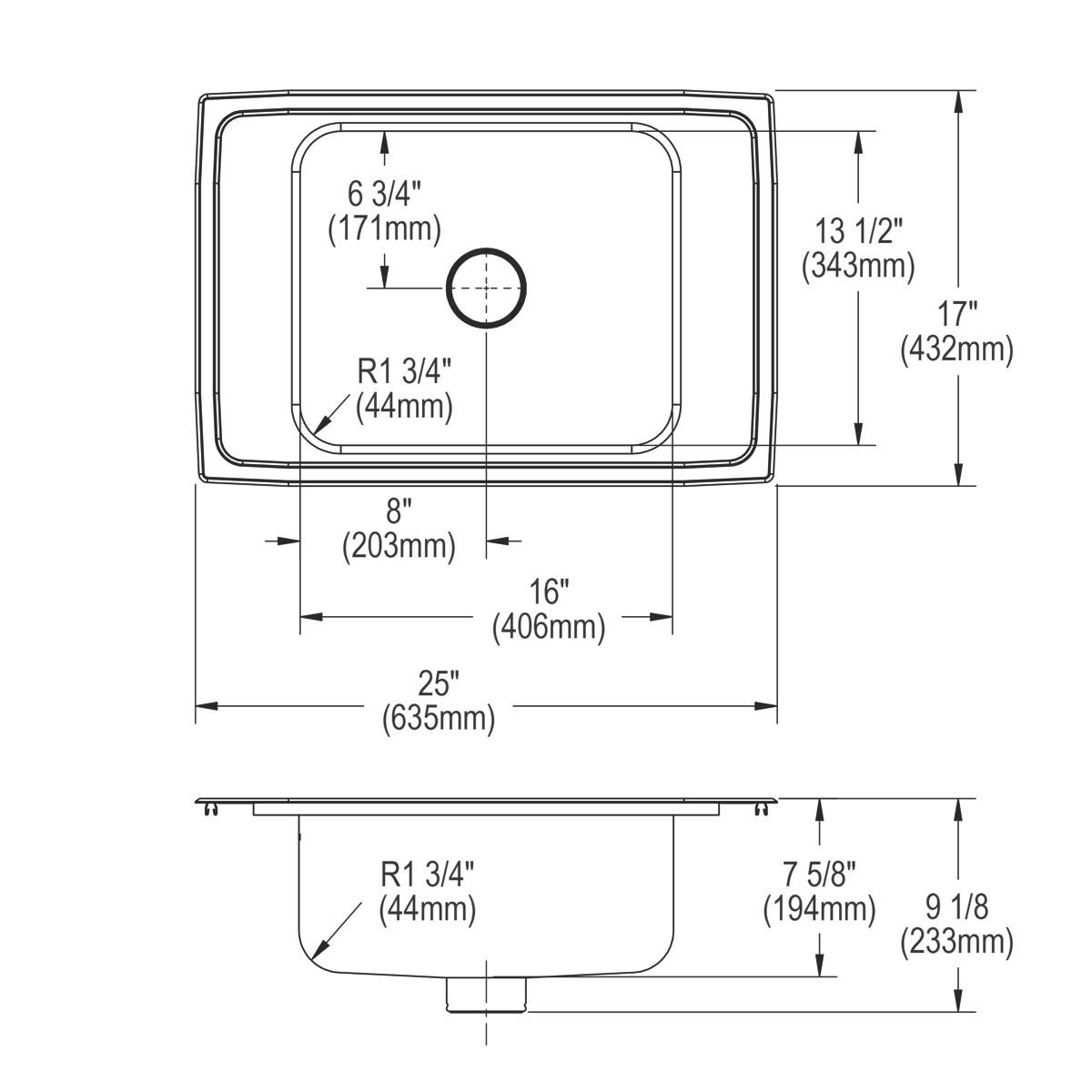 Stainless steel drop-in sink with single basin, two holes, and rounded corners, shown in top and side technical drawings with