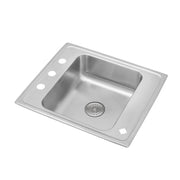 Stainless steel drop-in sink with single basin, drain grid, and three faucet holes on left rim.