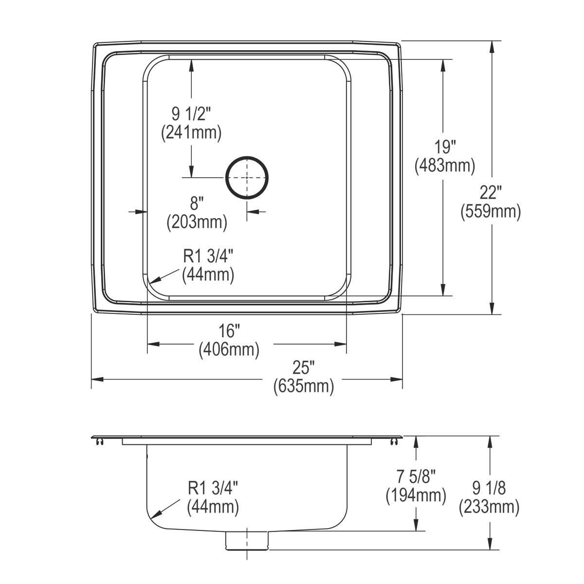 Stainless steel single-bowl drop-in sink with rounded corners and drain hole, shown in top and side profile views with dimens