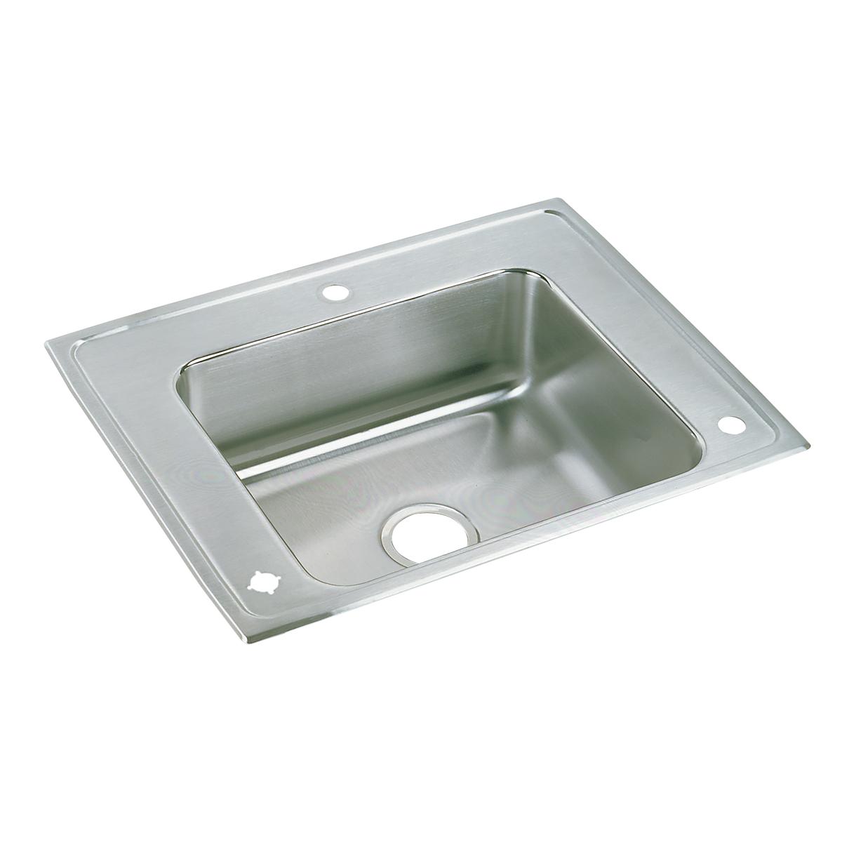 Stainless steel drop-in sink with single rectangular bowl and drain hole, viewed from above at an angle.