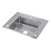 Stainless steel drop-in sink with single rectangular bowl and drain hole on brushed metal rim.