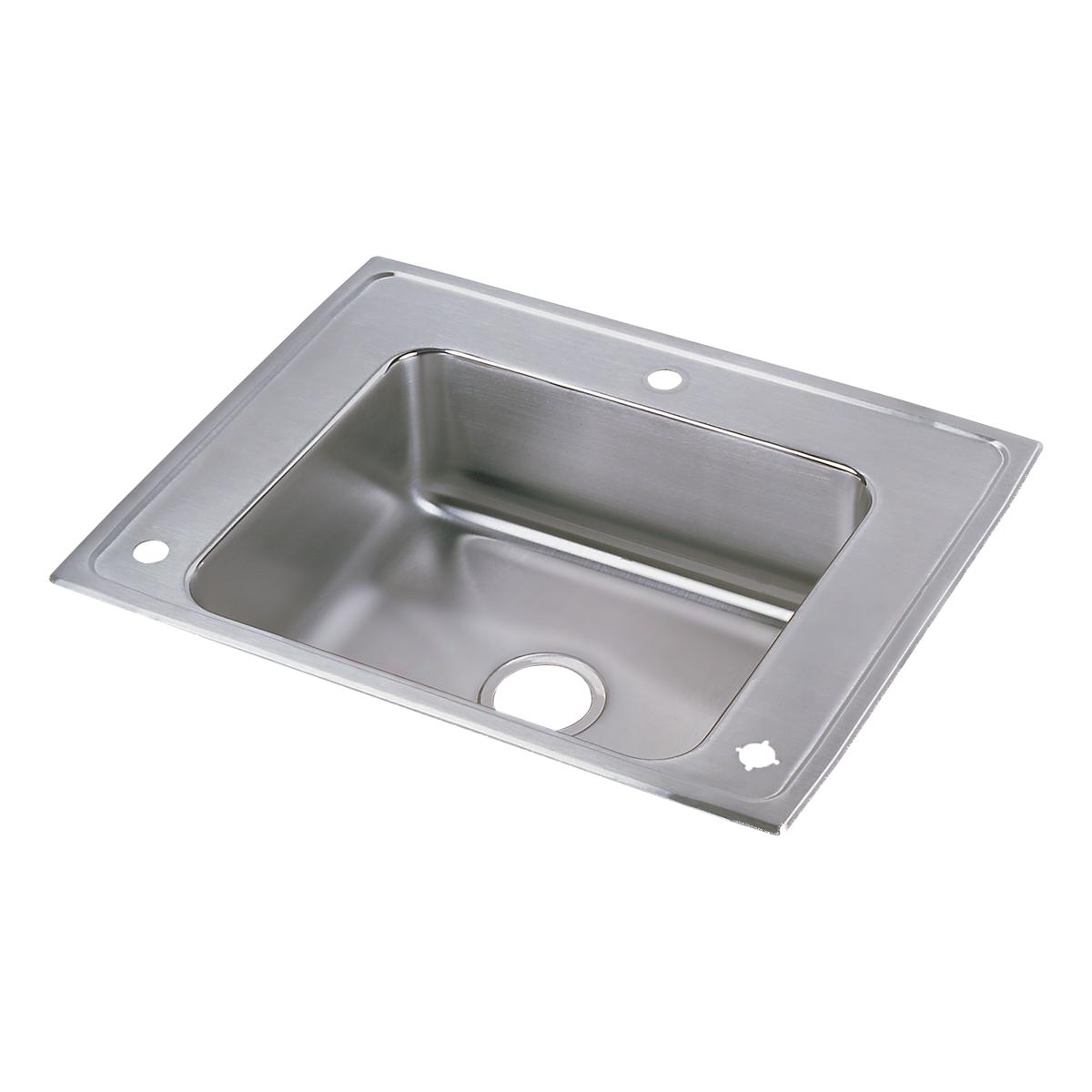 Stainless steel drop-in sink with single rectangular bowl and drain hole on brushed metal rim.