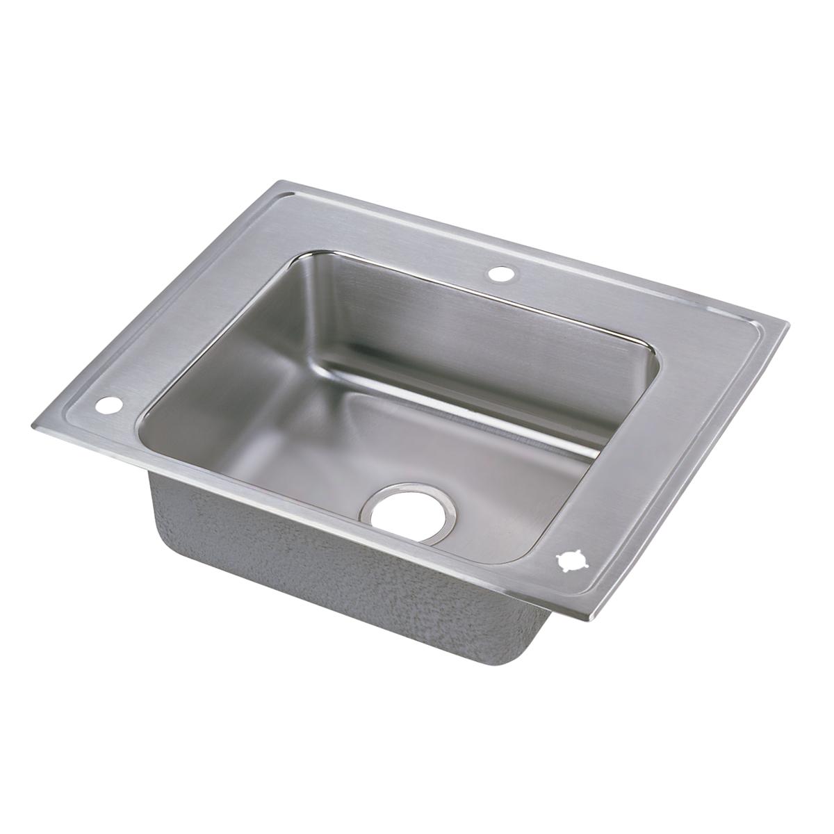 Stainless steel drop-in sink with single rectangular bowl, faucet holes, and drain opening visible from above.