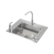 Stainless steel drop-in sink with single bowl, two faucets, and drain strainer visible on brushed surface.