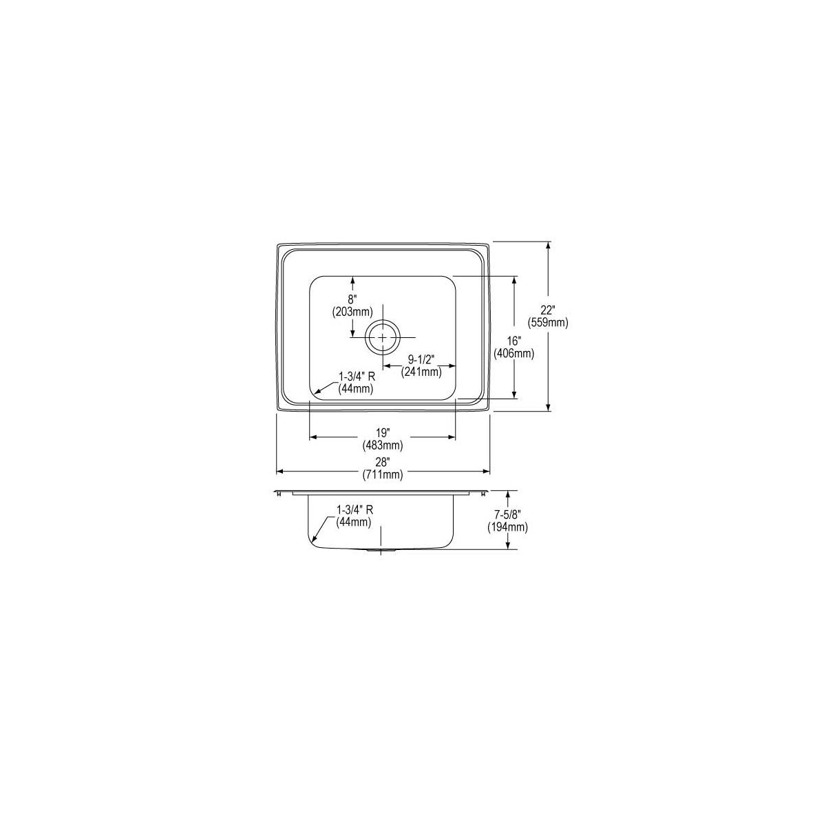 Stainless steel single bowl drop-in sink with rounded corners and drain opening, shown in top and side elevation technical dr