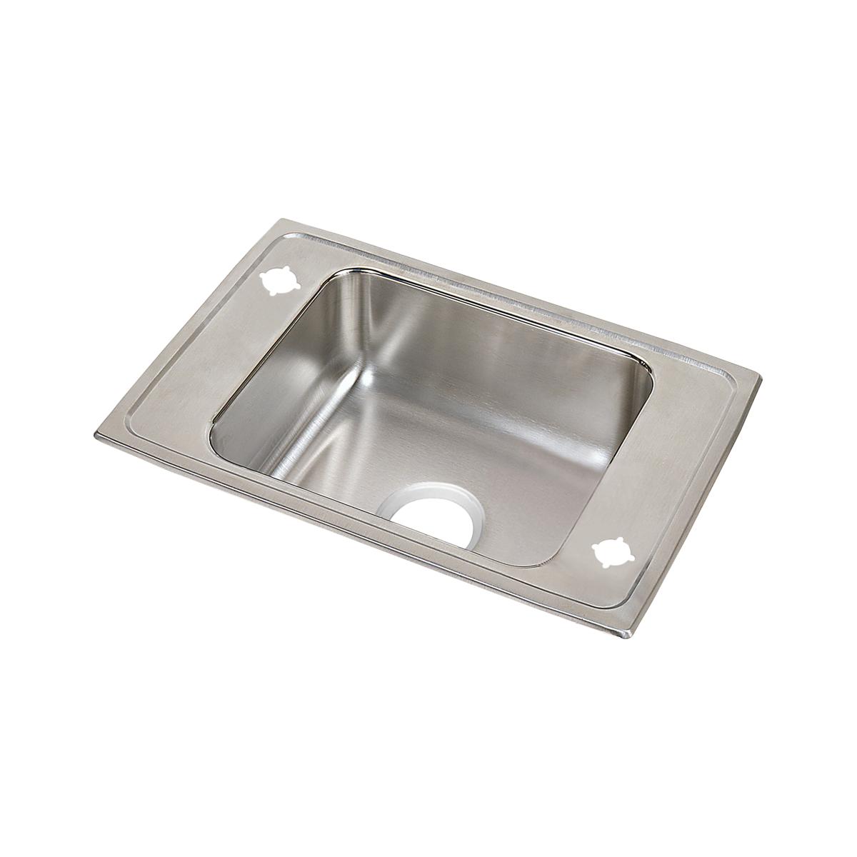 Stainless steel drop-in sink with single bowl and two mounting holes on brushed surface.