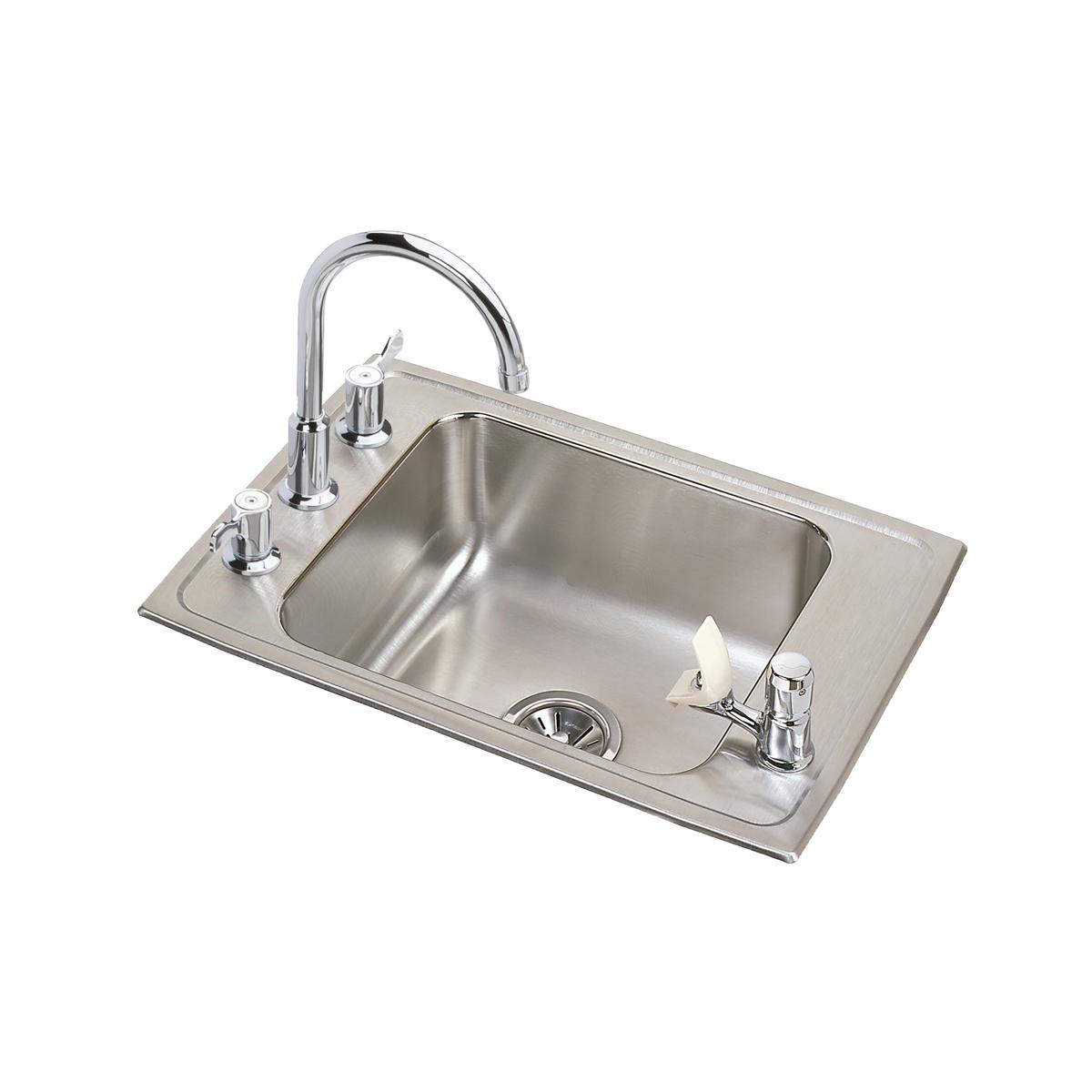 Stainless steel classroom sink with single basin, arched faucet, and bubbler dispenser mounted on left side.