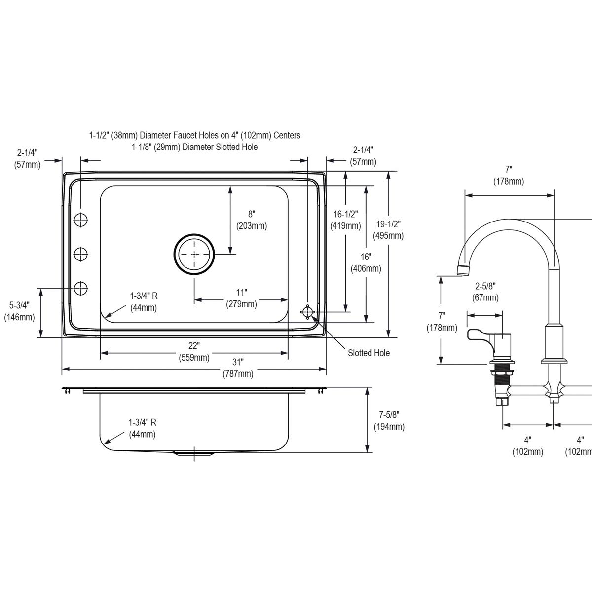 Stainless steel classroom sink with four mounting holes and single faucet/bubbler kit shown in top and side technical drawing
