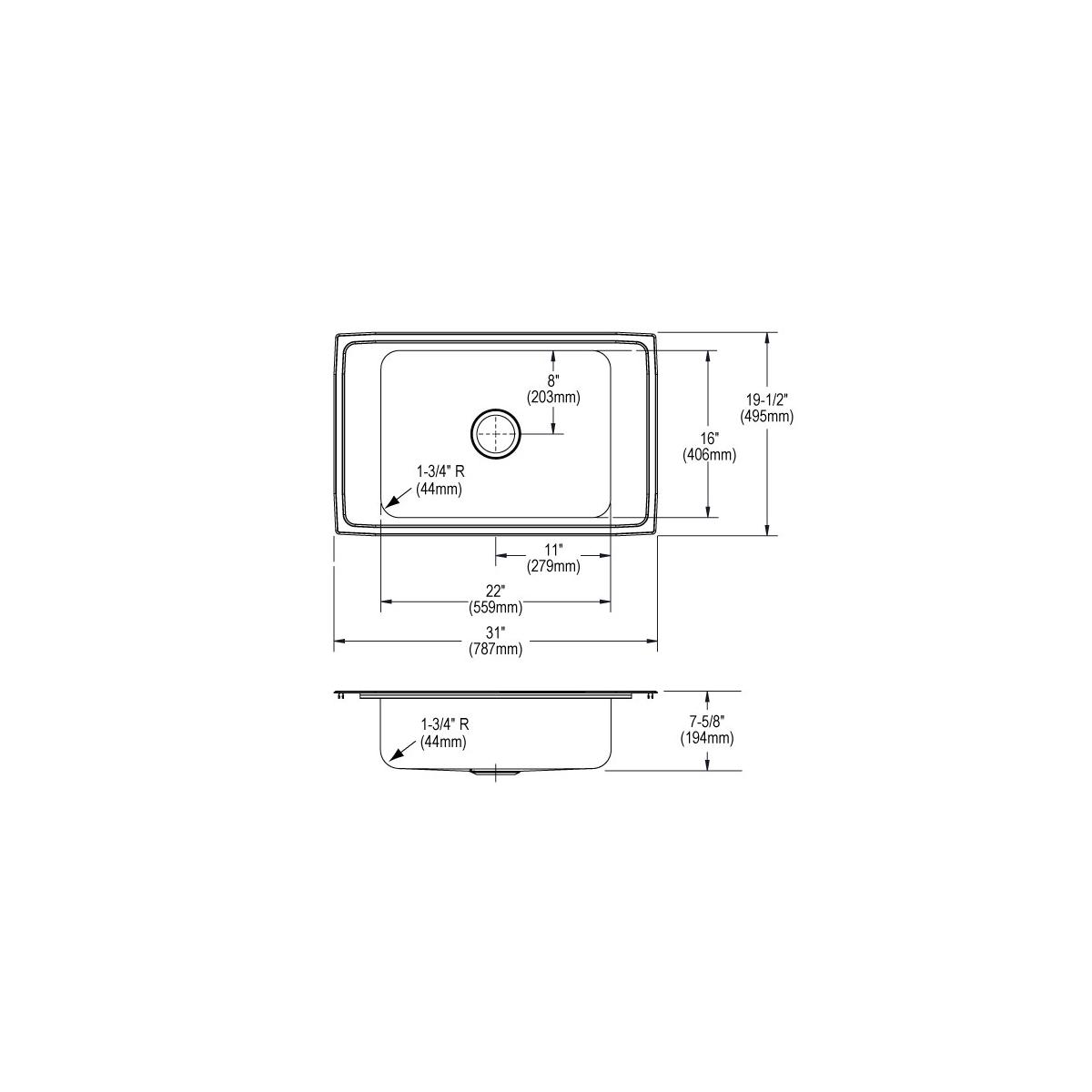 Stainless steel single bowl drop-in sink with two mounting holes and rounded corners, shown in top and side technical views w