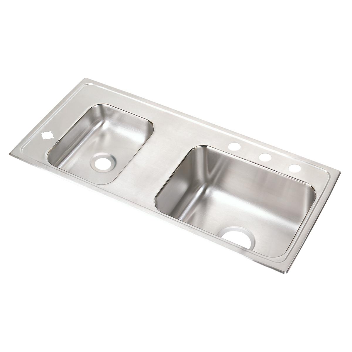 Stainless steel double bowl drop-in sink with two rectangular basins and faucet holes along the rim.