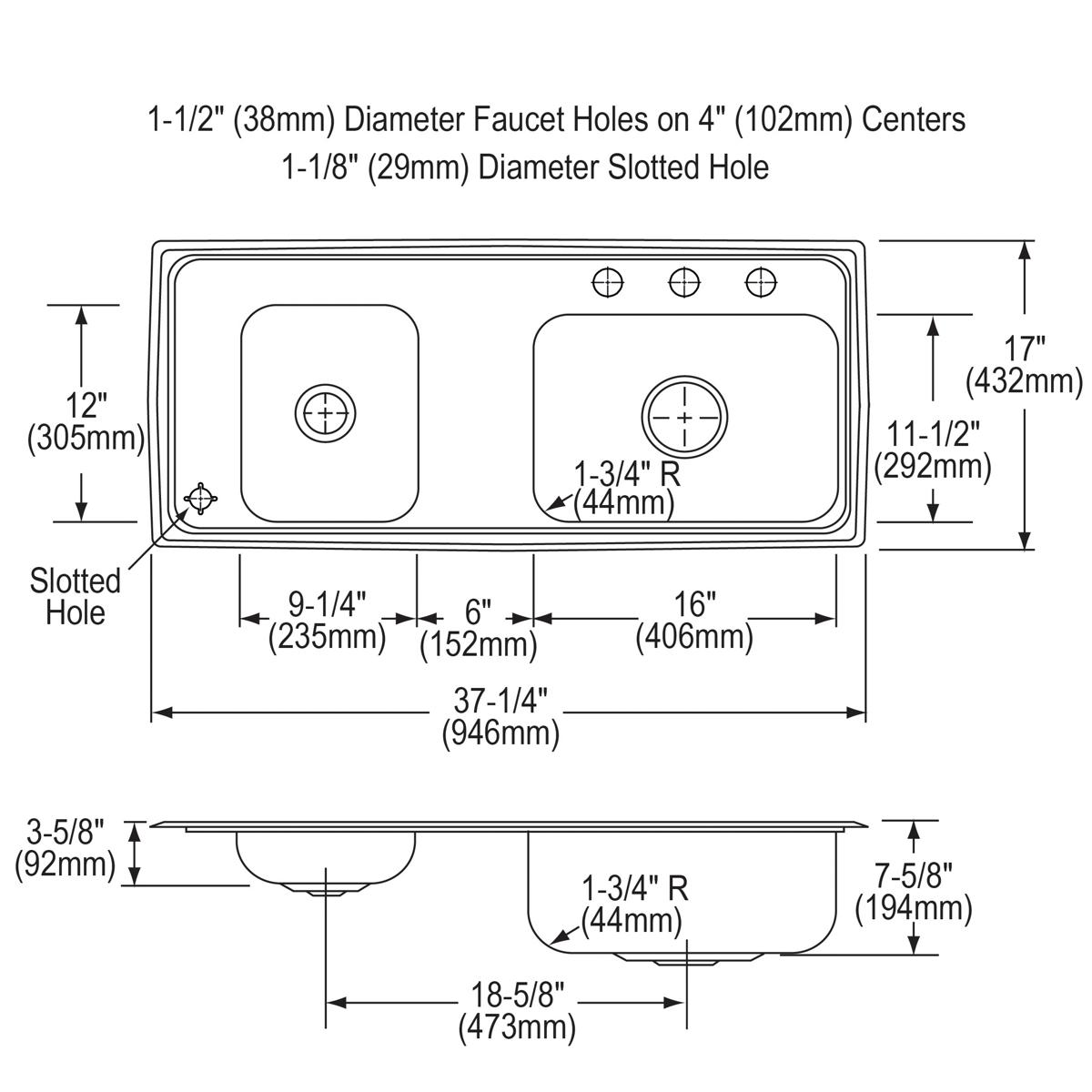 Stainless steel double bowl drop-in sink with top and side view specifications showing faucet hole placements and bowl dimens