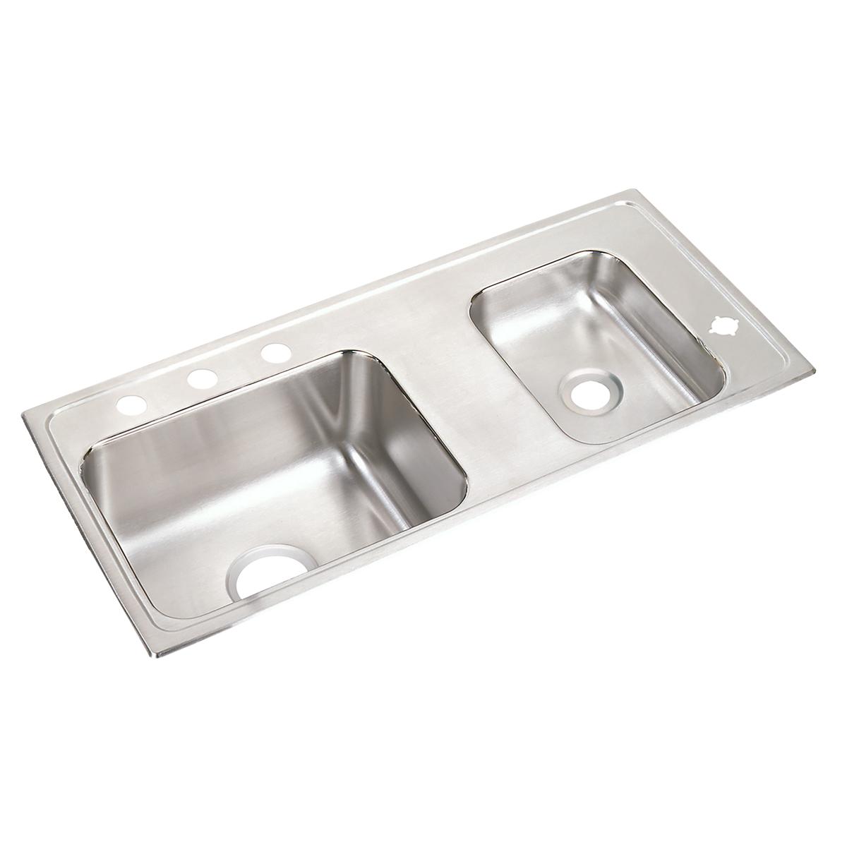 Stainless steel double bowl drop-in sink with two rectangular basins, drain holes, and faucet holes along the left rim.