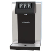 Elkay water dispenser with black front panel, stainless steel sides, three control buttons, and drip tray.