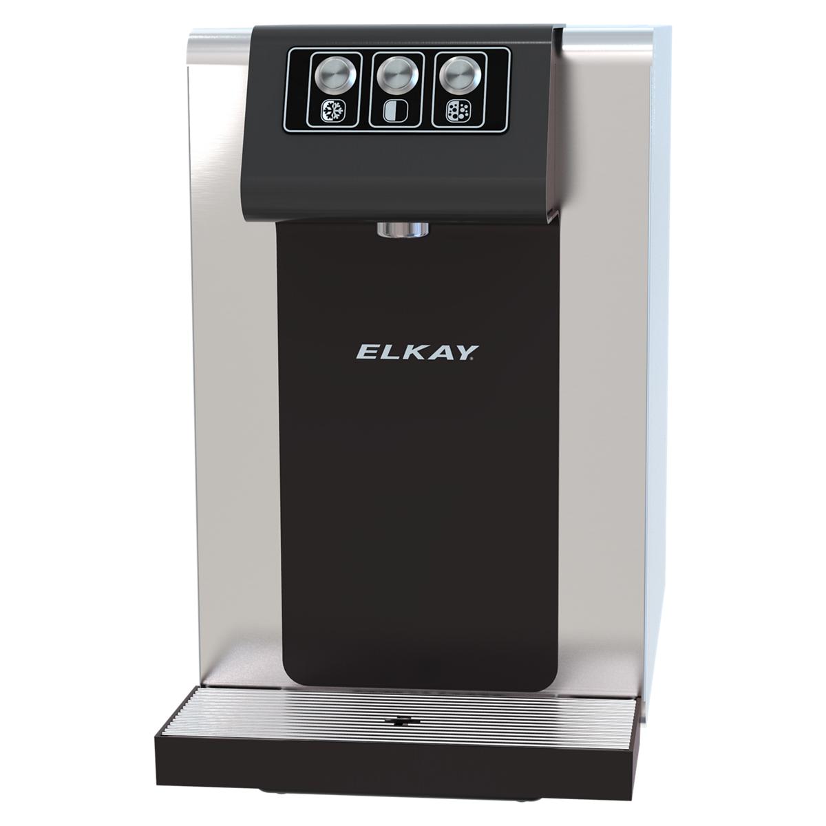 Elkay water dispenser with black front panel, stainless steel sides, three control buttons, and drip tray.
