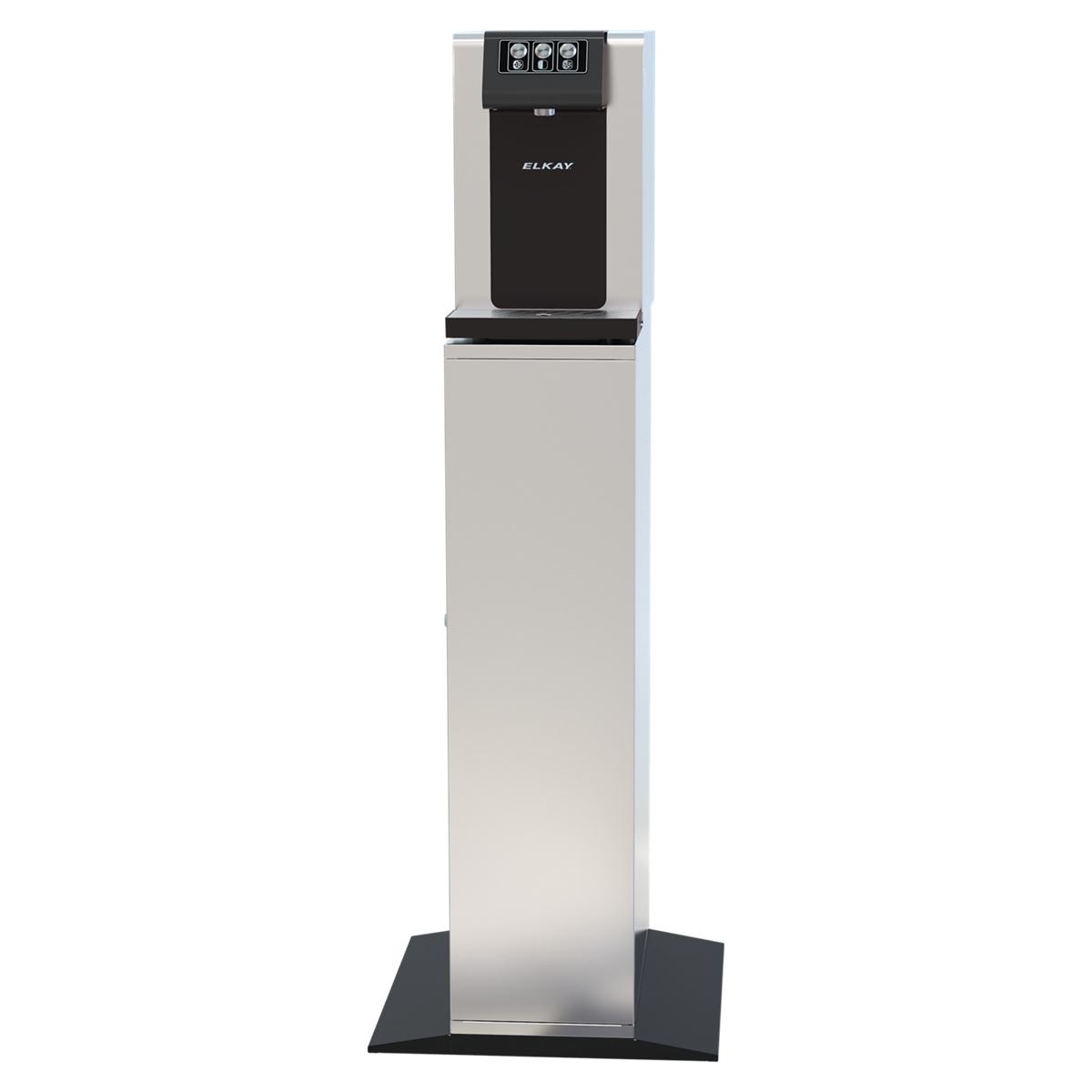 Elkay stainless steel and black water dispenser with digital control panel and drip tray on pedestal base.