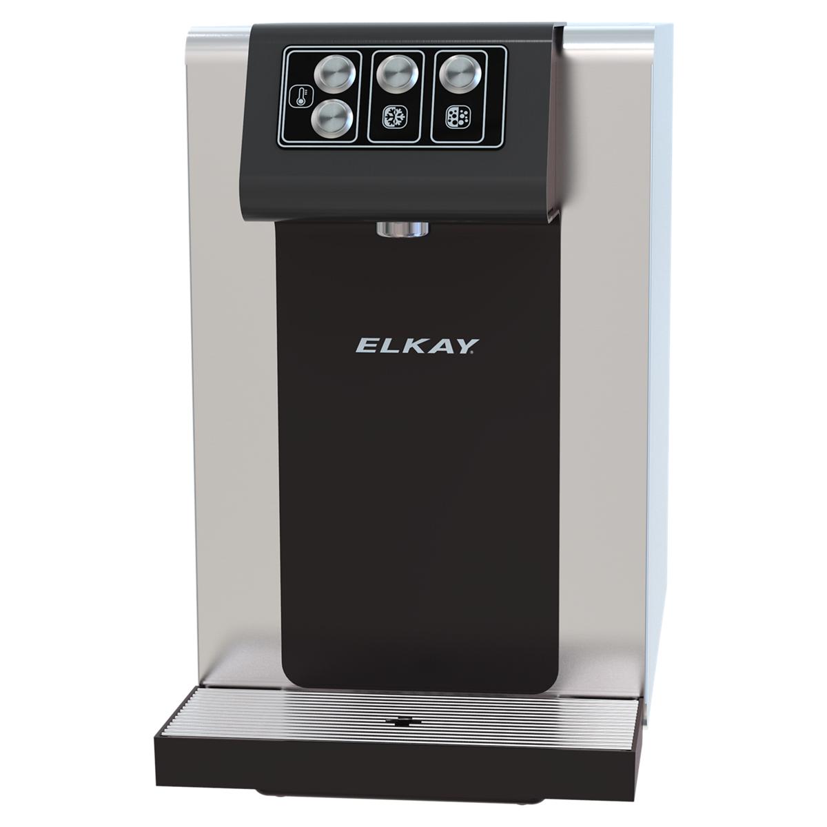 Elkay water dispenser with black and stainless steel exterior, control panel with buttons for hot and cold water, and drip tr