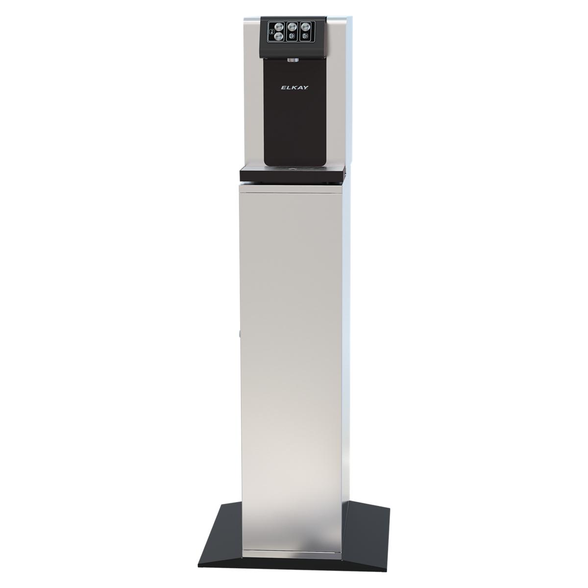 Elkay water dispenser with black upper unit and stainless steel lower cabinet on black base.