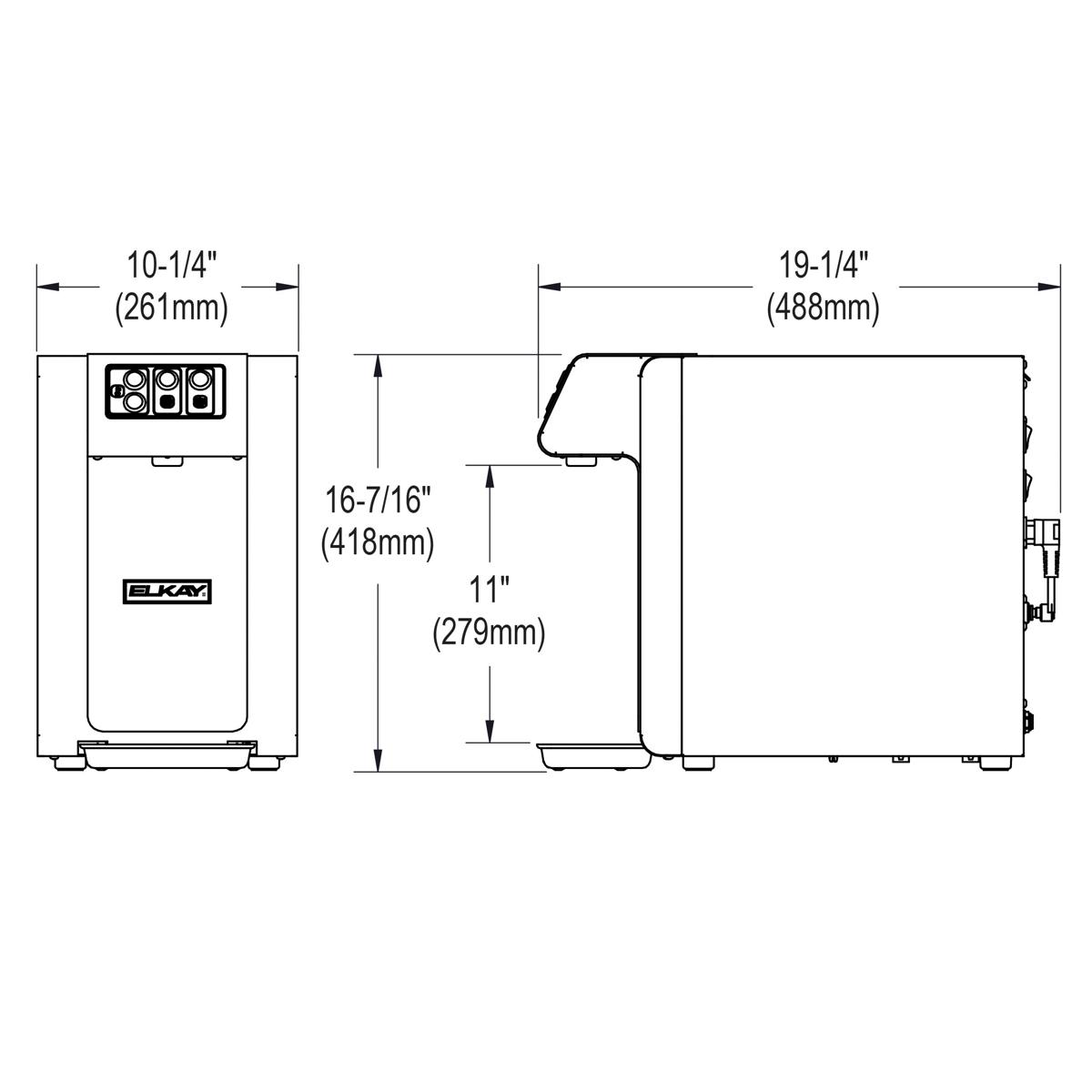 Stainless steel water dispenser with front and side technical drawings showing dimensions and control panel with three button