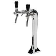 Stainless steel column water dispenser with two chrome taps and black handles on pedestal base.