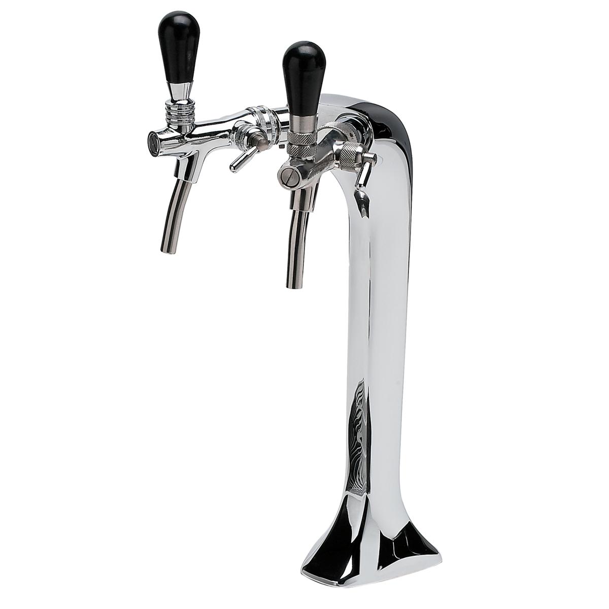 Stainless steel column water dispenser with two chrome taps and black handles on pedestal base.