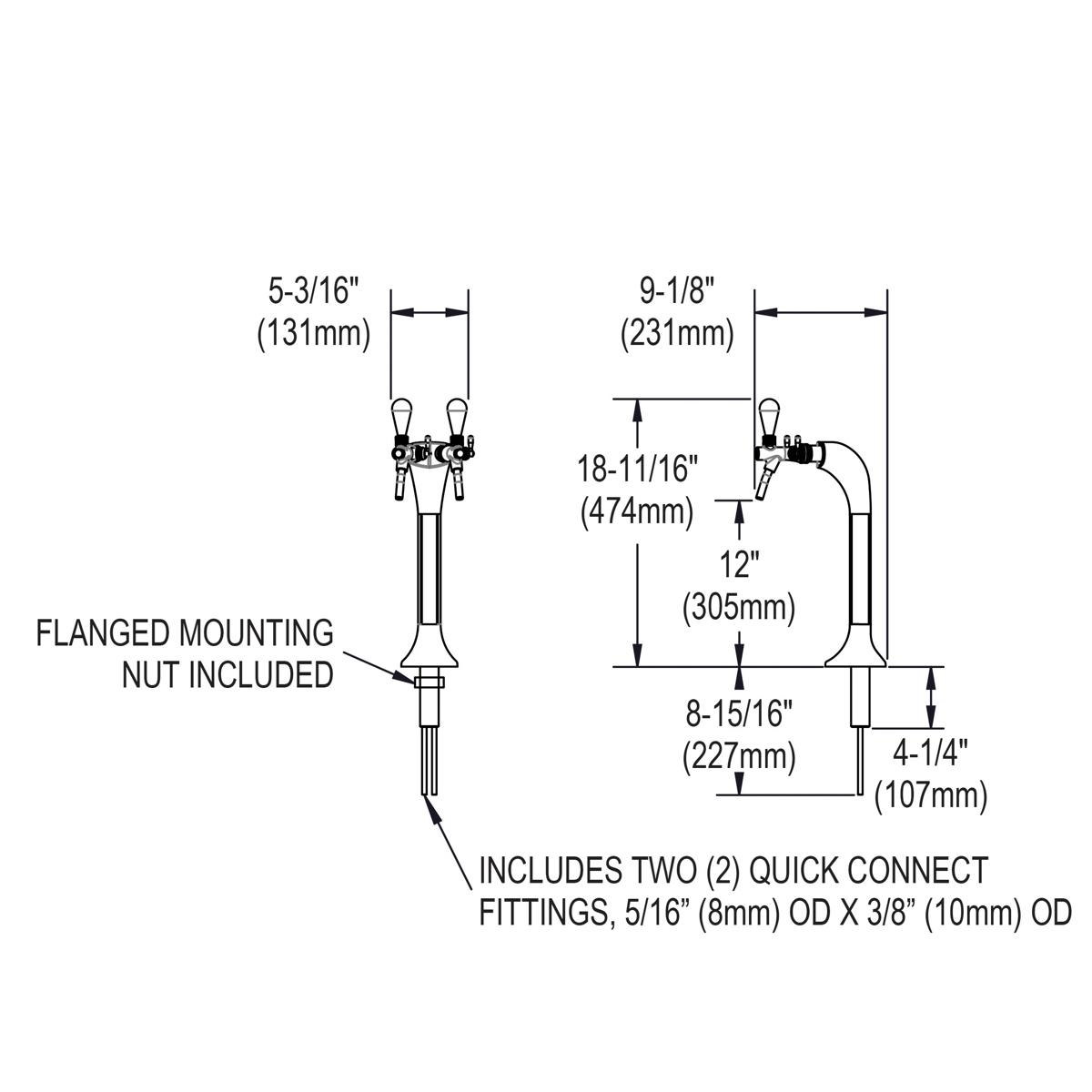 Stainless steel column tap water dispenser with dual spouts and dimension specifications labeled.