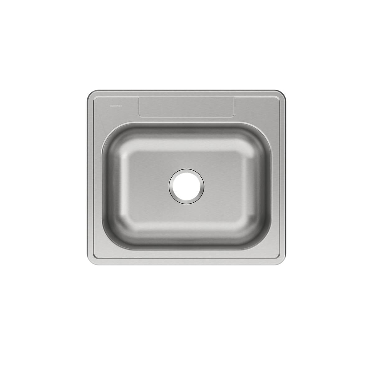Stainless steel single bowl drop-in sink with rounded edges and one drain hole, viewed from above.