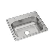 Stainless steel single bowl drop-in sink with rounded corners and drain hole visible on the basin floor.