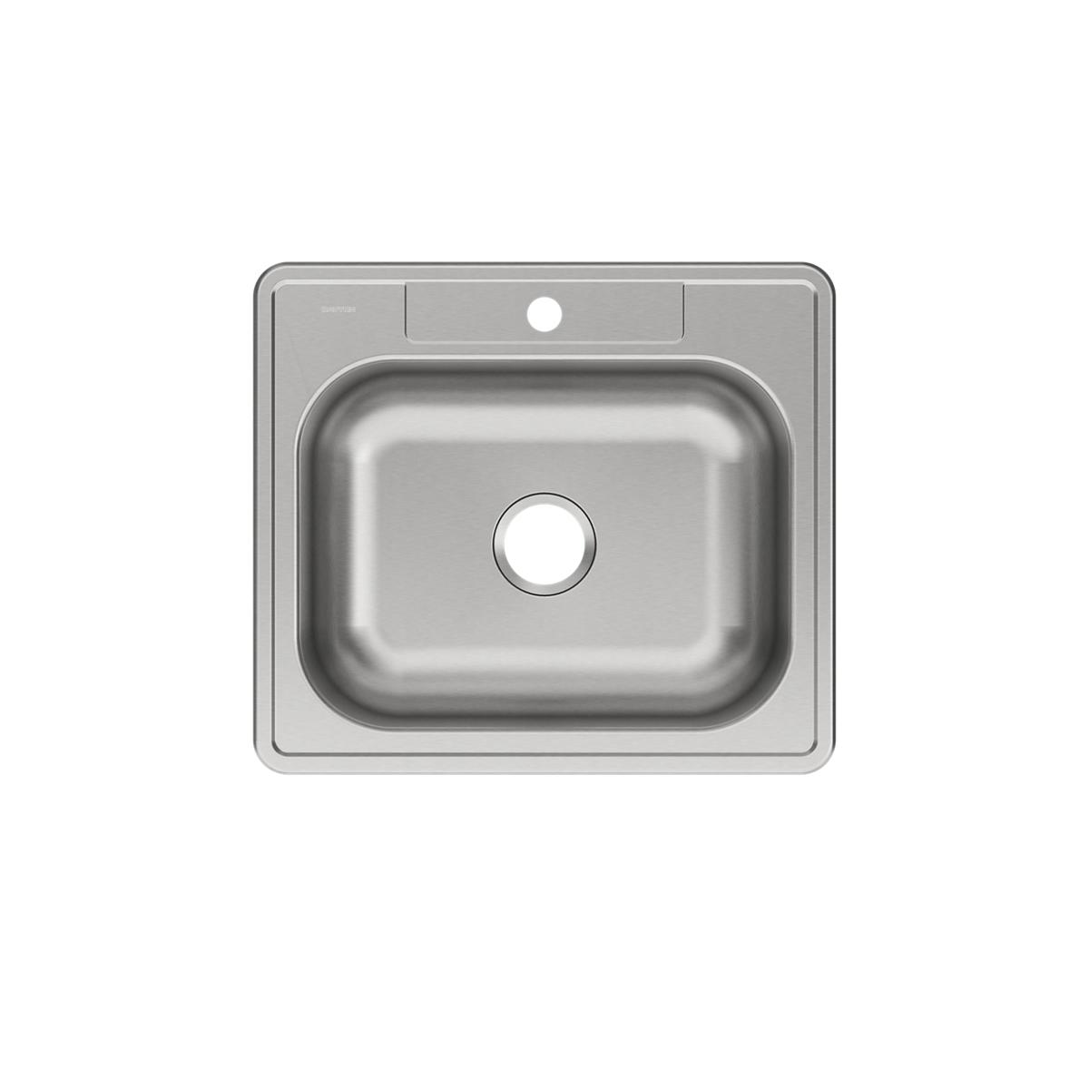 Stainless steel single bowl drop-in sink with one faucet hole and rounded corners, viewed from above.