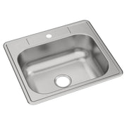 Stainless steel drop-in sink with single bowl and one faucet hole on deck.
